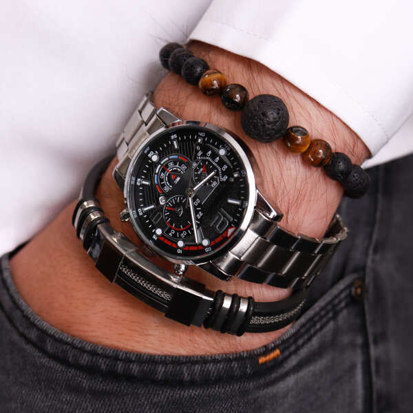 Trendy set of a wristwatch with 2 bracelets - Raykard - AI WEB SHOP